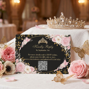 Cartão RSVP Rubor Rosa Preto e Dourado Borboleta Quinceañera