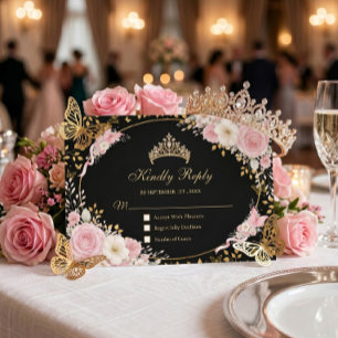 Cartão RSVP Rubor Rosa Preto e Dourado Borboleta Quinceañera
