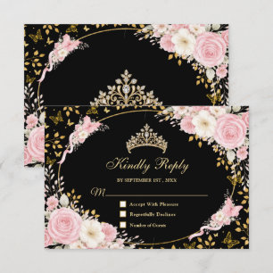 Cartão RSVP Rubor Rosa Preto e Dourado Borboleta Quinceañera
