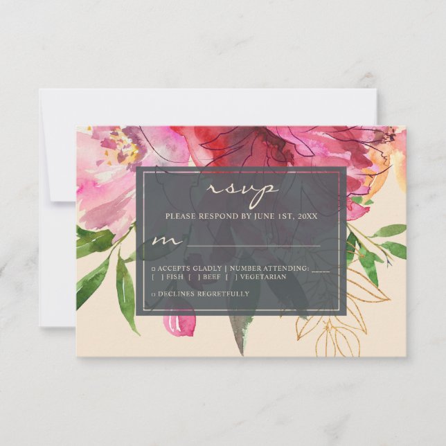 Cartão RSVP Ruby Pink Peony Ivory Floral Wedding (Frente)