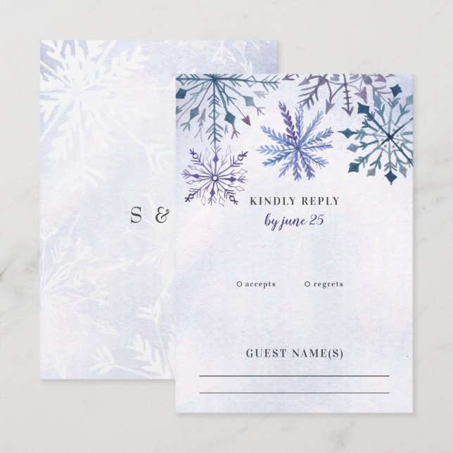 Cartão RSVP Ruscolor Watercolor Snowflakes Casamento no invern (Frente/Verso)