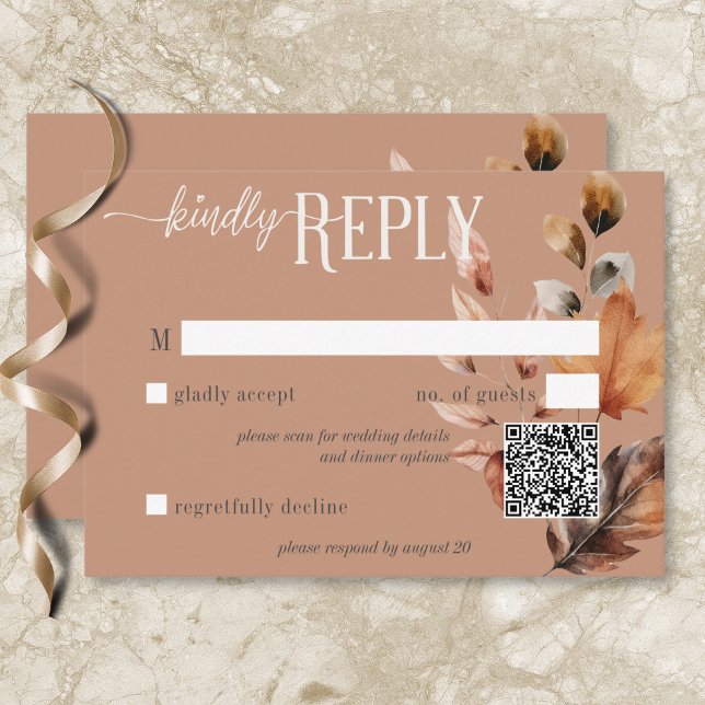 Cartão RSVP Rust Creme Russo e Brown Fall Fall Código QR Flora (Rustic Rust Cream & Brown Fall Floral QR Code RSVP Card)
