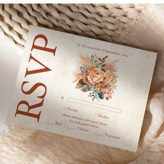 Cartão RSVP Rust Terracotta Flowts Casamento outono Laranja Qu (Criador carregado)