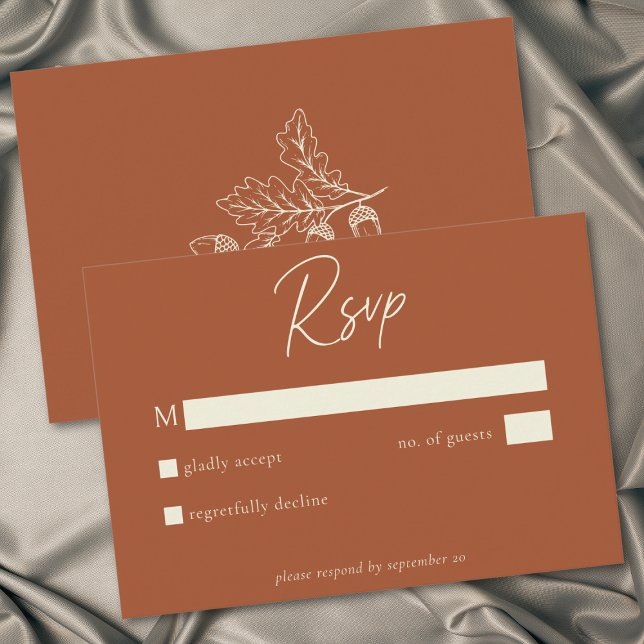 Cartão RSVP Rust Terracotta Minimalist Leaf Acorn Fall Wedding (Rust Terracotta Minimalist Leaf Acorn Fall Wedding RSVP Card)