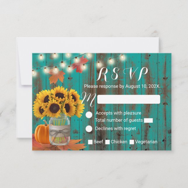 Cartão RSVP Rustic Autumn Sunflower Jar Teal Barn Casamento RS (Frente)