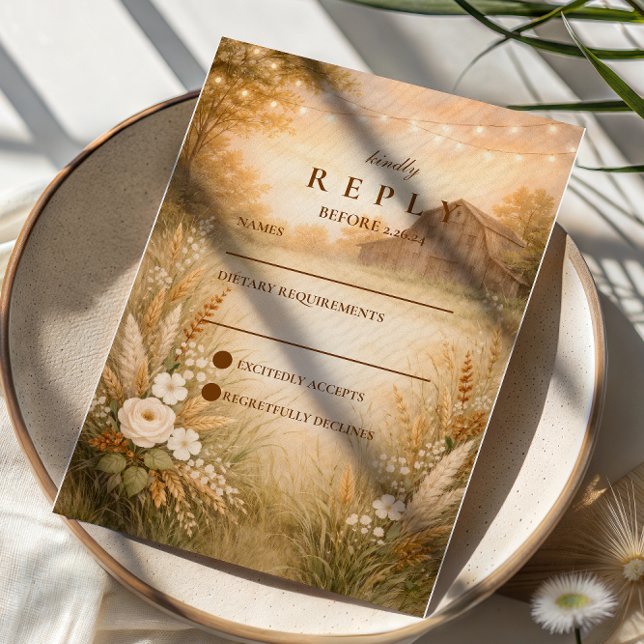 Cartão RSVP Rustic Barn Meadow String Lights Wedding (Criador carregado)