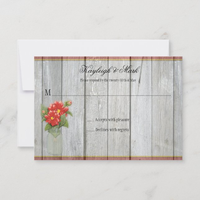 Cartão RSVP Rustic Barn Wood Mason Jar Red Dahlias RSVPs (Frente)
