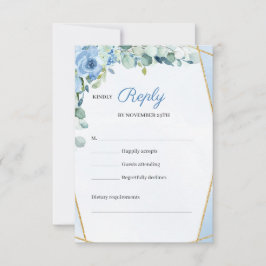 Cartão RSVP Rustic BLue Flores Douradas Casamento Geométrico