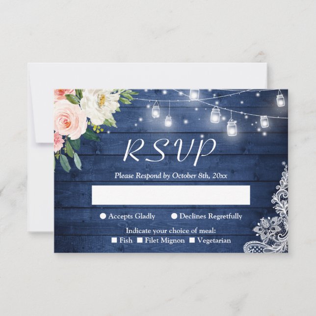 Cartão RSVP Rustic Blue Mason Jar Lights Blush Floral Weding (Frente)