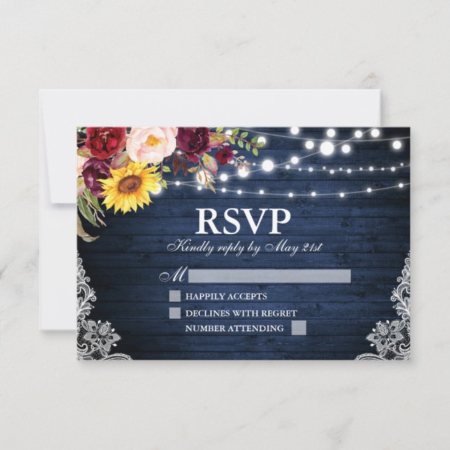 Cartão RSVP Rustic Blue Wood String Luzes Lace Casamento Flora (Frente)