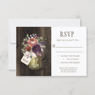 Cartão RSVP Rustic Boho Barn Wood Mason Jar Purple Floral