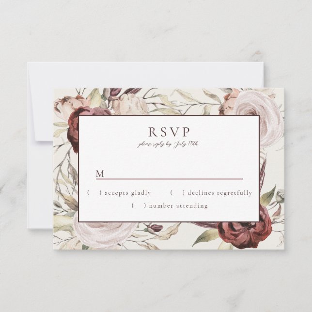 Cartão RSVP Rustic Boho Marsala Cream Floral (Frente)