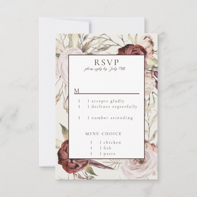 Cartão RSVP Rustic Boho Marsala Cream Floral (Frente)