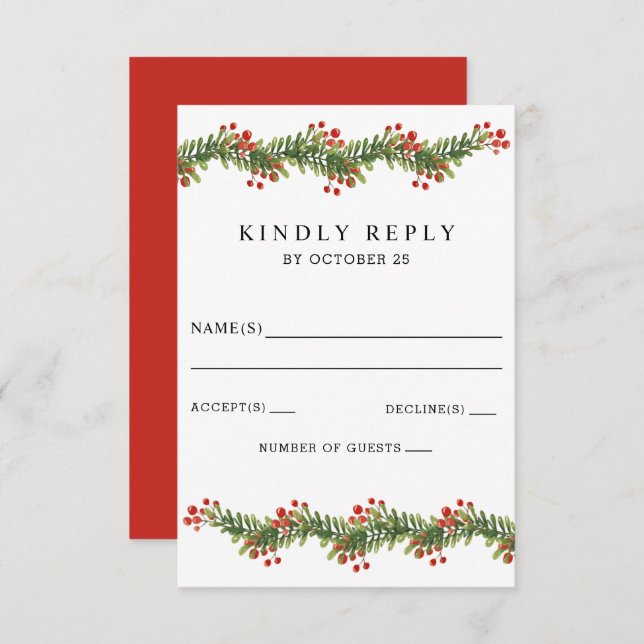 Cartão RSVP Rustic Boughes of Holly Winter Christmas Wedding (Frente/Verso)