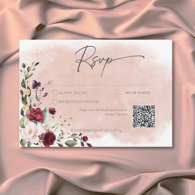 Cartão RSVP Rustic Burgundy & Blush Pink Roses QR Code (Rustic Burgundy & Blush Pink Roses QR Code RSVP Card)