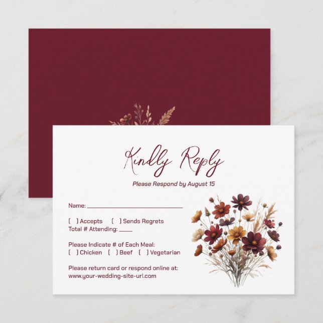 Cartão RSVP Rustic Burgundy Boho Chic Wildflowers Wedding (Frente/Verso)