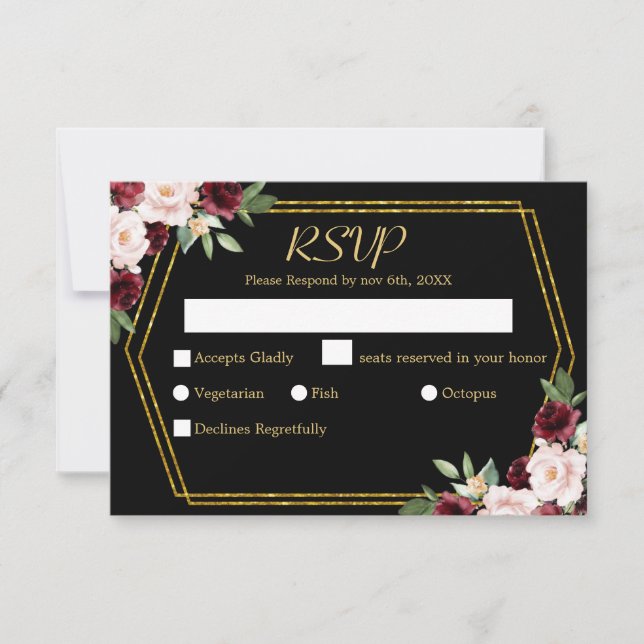 Cartão RSVP Rustic Burgundy Floral Black & Dourado Casamento (Frente)