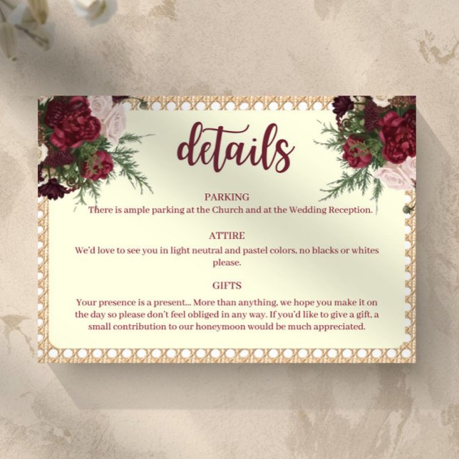 Cartão RSVP Rustic Burgundy Floral Wedding Details Card (Burgundy and Ivory Wedding Details Card Floral and Rattan Border)