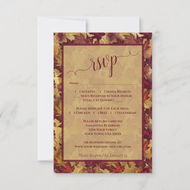 Cartão RSVP Rustic Burgundy & Gold Autumn Leaves Wedding (Frente)