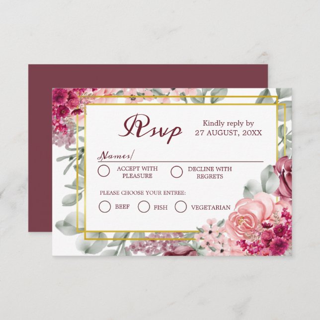Cartão RSVP Rustic Burgundy Marsala e Casamento Floral Rosa (Frente/Verso)