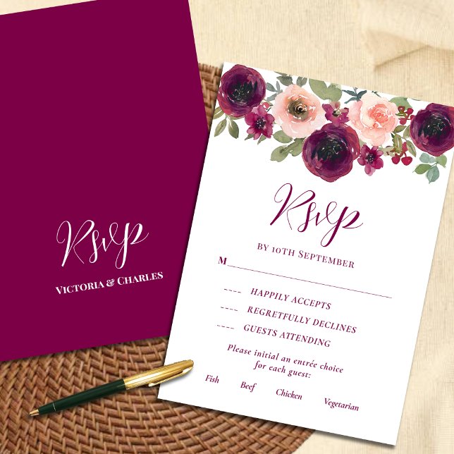 Cartão RSVP Rustic Burgundy Watercolor Floral (Criador carregado)