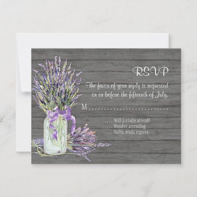 Cartão RSVP Rustic Country Mason Jar Lace em Floral de Lavanda (Frente)