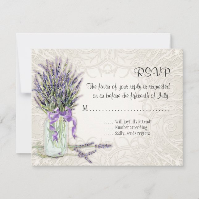 Cartão RSVP Rustic Country Mason Jar Lace em Floral de Lavanda (Frente)