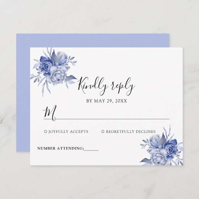Cartão RSVP rustic dusty blue roses and other flowers (Frente/Verso)