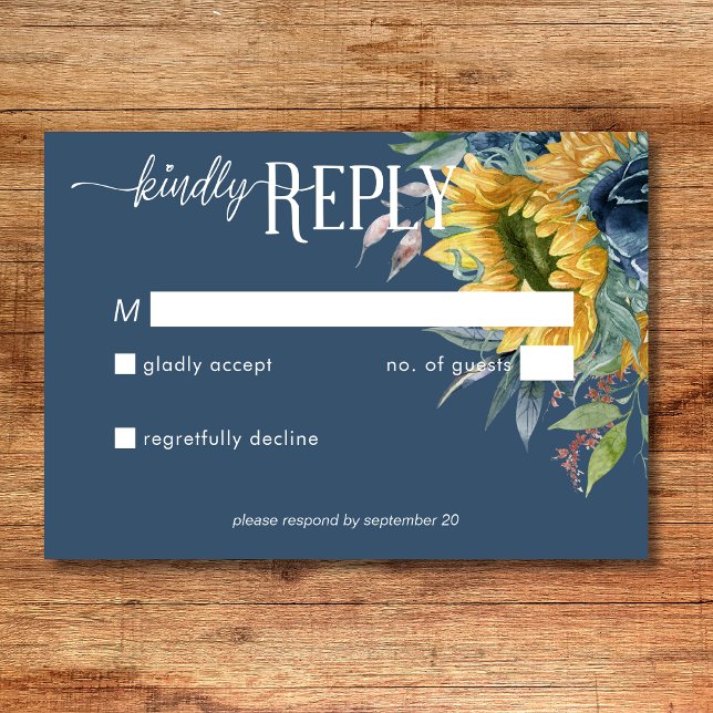 Cartão RSVP Rustic Dusty Blue Sunflower Casamento Sem Janto (Criador carregado)