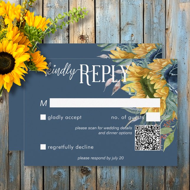 Cartão RSVP Rustic Dusty Blue Sunflower Código QR de Casamento (Rustic Dusty Blue Sunflowers Wedding QR Code RSVP Card)