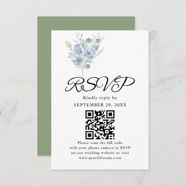 Cartão RSVP rustic dusty blue watercolor flowers & leaves (Frente/Verso)