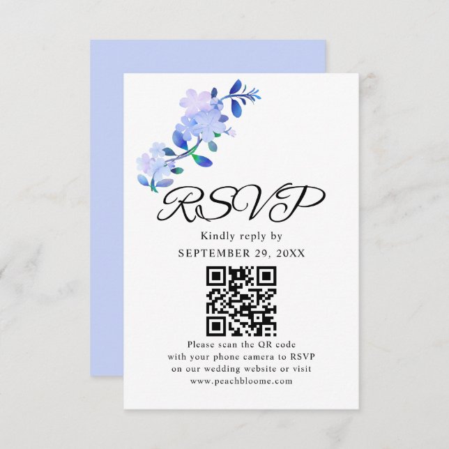 Cartão RSVP rustic dusty blue watercolor-style flower & leaves (Frente/Verso)