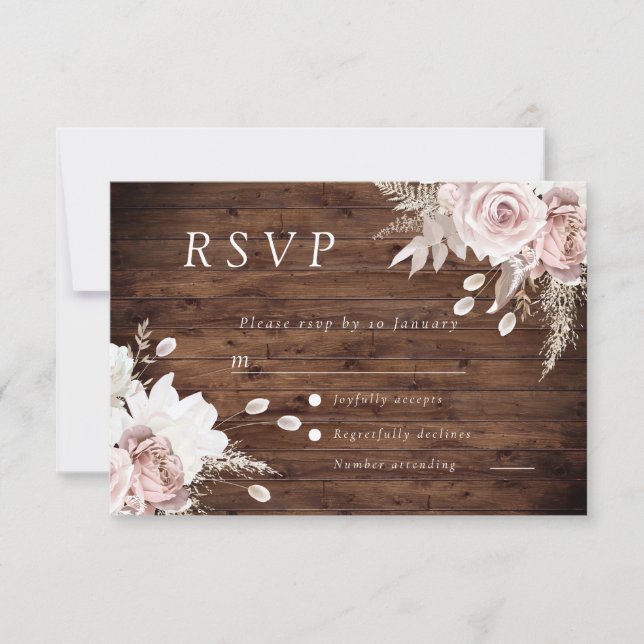 Cartão RSVP Rustic Dusty Rosa Blush Floral Casamento Tudo Even (Frente)