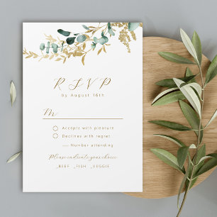 Cartão RSVP Rustic eucaliptus gold greenery boho casamento RSV