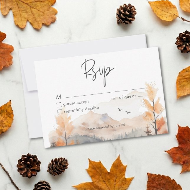 Cartão RSVP Rustic Fall Mountain Scene Watercolor QR Code (Criador carregado)