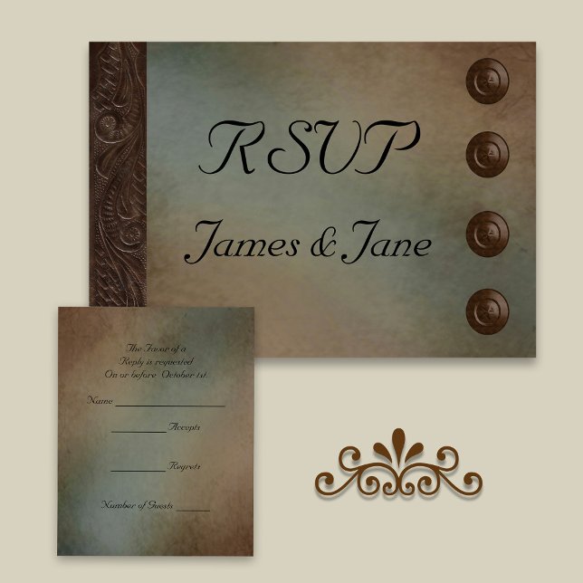Cartão RSVP Rustic Faux Leather Turquoise e Brown Grunge (Criador carregado)
