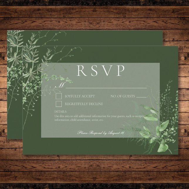 Cartão RSVP Rustic Fern Green Foliage Emerald Green Sem Janto (Rustic Fern Green Foliage Emerald Green No Dinner RSVP Card)
