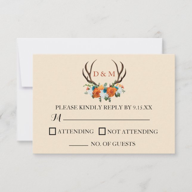 Cartão RSVP Rustic Floral Antlers BOHO Wedding (Frente)