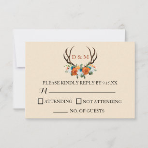 Cartão RSVP Rustic Floral Antlers BOHO Wedding