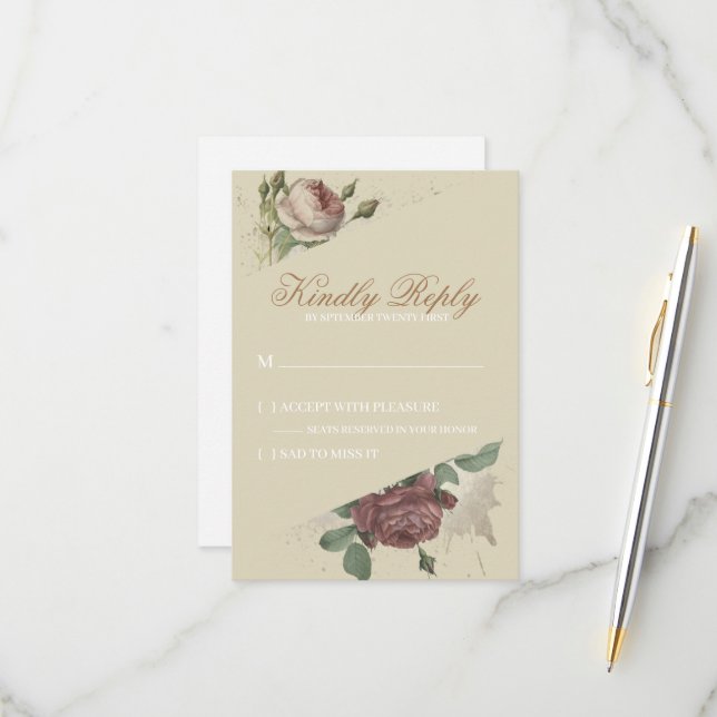 Cartão RSVP Rustic Floral Burgundy Marsala Blush Rosas Moderno (Frente/Verso In Situ)