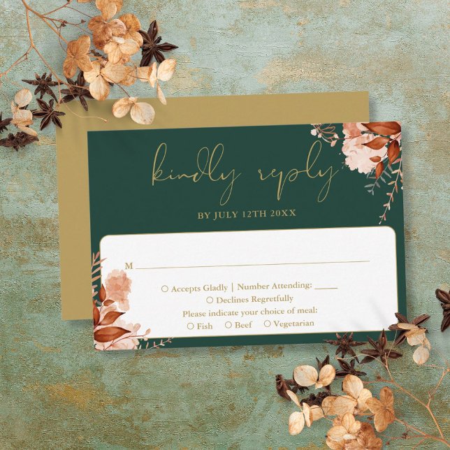 Cartão RSVP Rustic Floral Emerald Green E Dourado Casamento (Rustic Floral Emerald Green And Gold Wedding RSVP Card)