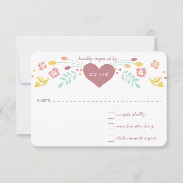 Cartão RSVP Rustic Floral Garland Folk Art Marsala Casamento (Frente)