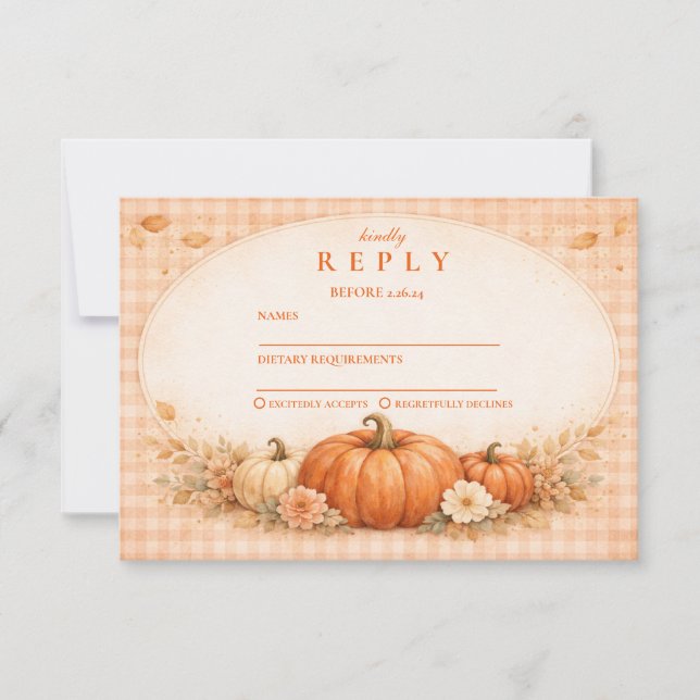 Cartão RSVP Rustic Gingham Pumpkin Fall Graduation (Frente)