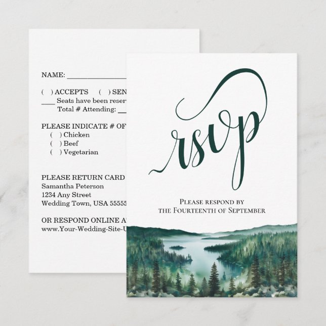 Cartão RSVP Rustic Lake Tahoe Elegant Script Wedding (Frente/Verso)