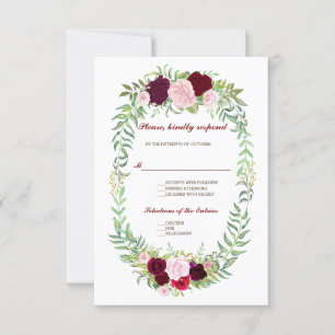 Cartão RSVP Rustic Marsala Floral Wreath Burgundy Casamento RS