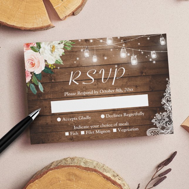 Cartão RSVP Rustic Mason Jar Lights Blush Floral Lace Casament (Criador carregado)