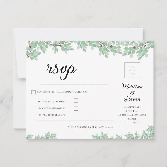 Cartão RSVP Rustic Modern Eucalyptus Greenery Wedding (Frente)