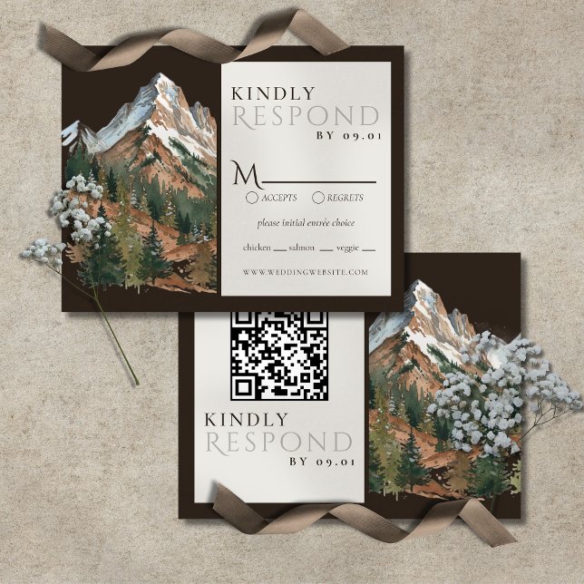 Cartão RSVP Rustic Mountain Landscape Watercolor Wedding QR  (Rustic Mountain Landscape Watercolor Wedding QR RSVP Card)