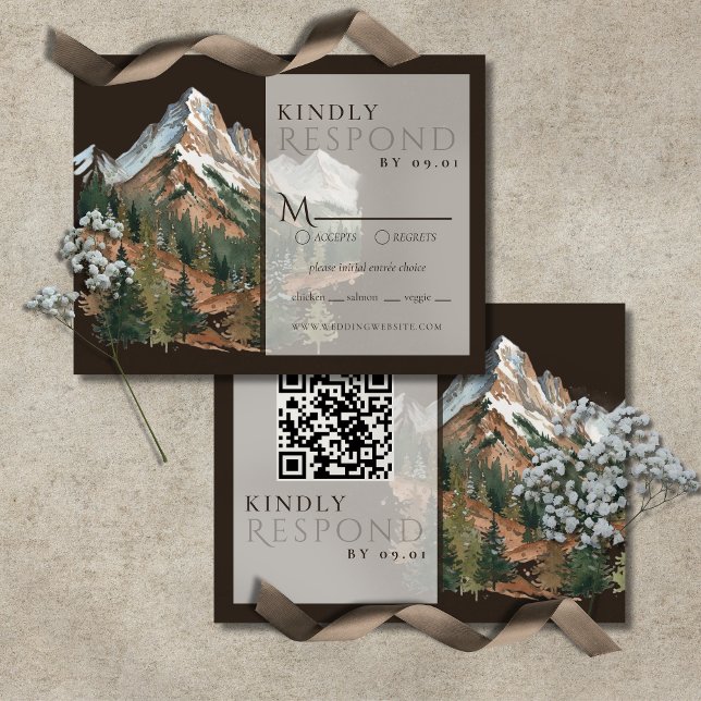 Cartão RSVP Rustic Mountain Landscape Watercolor Wedding QR  (Rustic Mountain Landscape Watercolor Wedding QR RSVP Card)