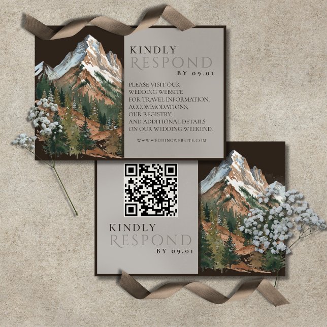Cartão RSVP Rustic Mountain Landscape Watercolor Wedding QR  (Rustic Mountain Landscape Watercolor Wedding QR RSVP Card)